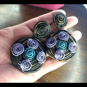 Vintage Black/Purple Clay Chunky Earrings.  Dangle Drop Post. Lightweight. Huge